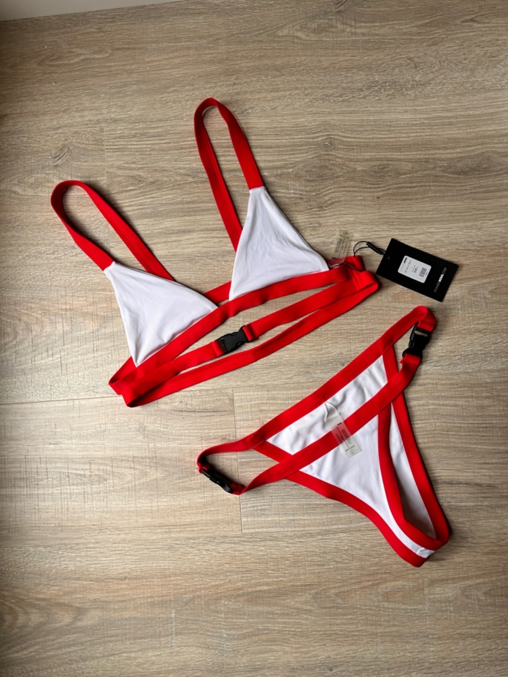 Fashion Nova Red & White Strappy Bikini Set